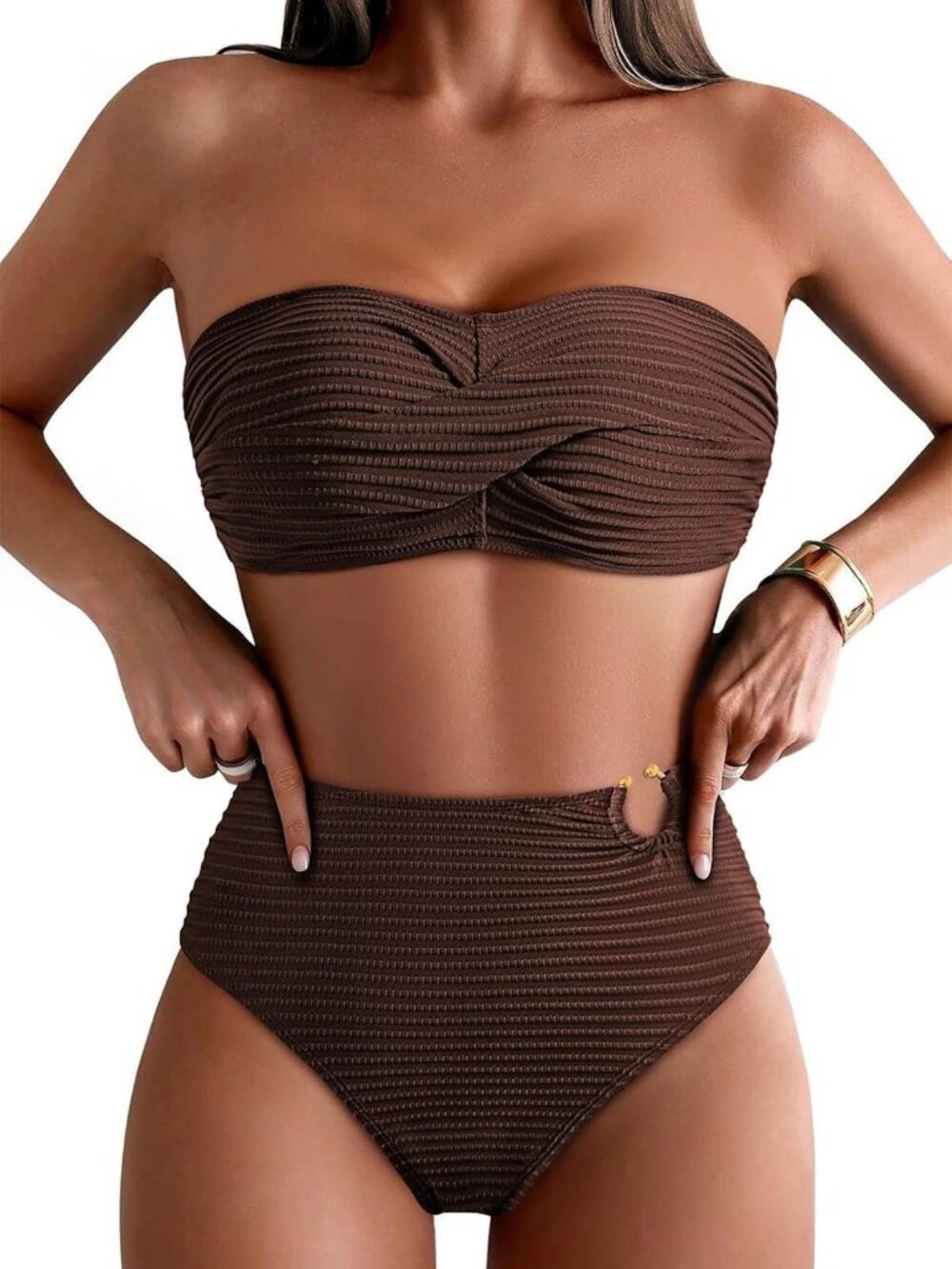 Stylish Pink High Waisted Bikini Set for Women - Twist Front Bandeau Swimwear